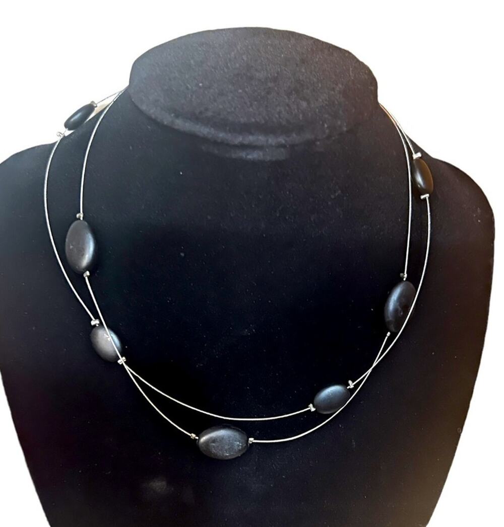 Express Silver Wire Layered Necklace with Black Oval Beads - 15 inch